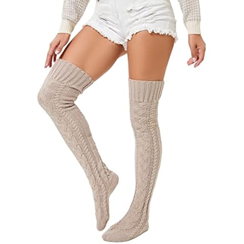 HYTENSUN Women's Cable Knit Thigh High Boot Socks Over Knee High Leg Warmers Extra Long Stockings, Beige, One Size Cover