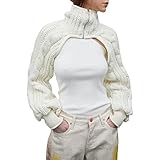 Women's Knitting Cropped Shrug Tops Solid Color Zipper High Collar Long Puff Sleeve Short Turtleneck Sweater Coat (White, One Size)