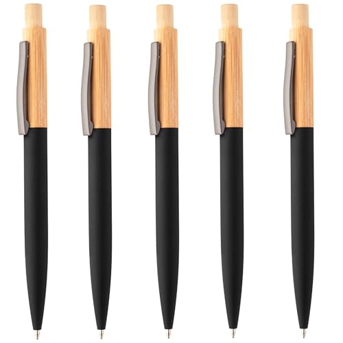 noTrash2003 Juego de 5 bolígrafos de bambú y aluminio reciclado con superficie de goma y clip de metal, mezcla de materiales ecológicos y diseño moderno en azul (negro)