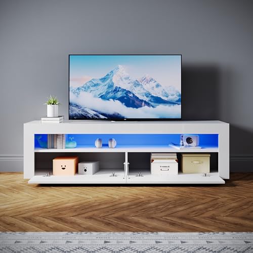 SONNI Mobile TV moderno per soggiorno, Mobile TV bianco con telecomando e illuminazione LED orientabile, 12 colori disponibili, 160x40x45cm