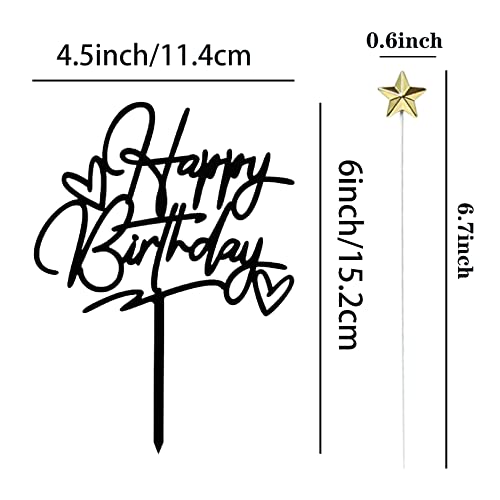 1 Pcs Black Happy Birthday Cake Topper,5 Pcs Striking Gold Stars Topper Theme Party Decor #TOP1