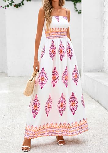 Image of PRETTYGARDEN Women's Summer Boho Maxi Dress Floral Sundresses | Spaghetti Strap, Sleeveless, Smocked Bodice, A-Line Long Flowy, Lightweight Soft, Wedding Guest Party, Beach Vacation Outfits