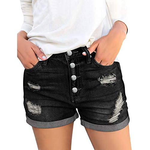luvamia Women's Ripped High Waisted Denim Shorts Stretchy Cuffed Hem Jean Shorts Large A2 Black Pepper