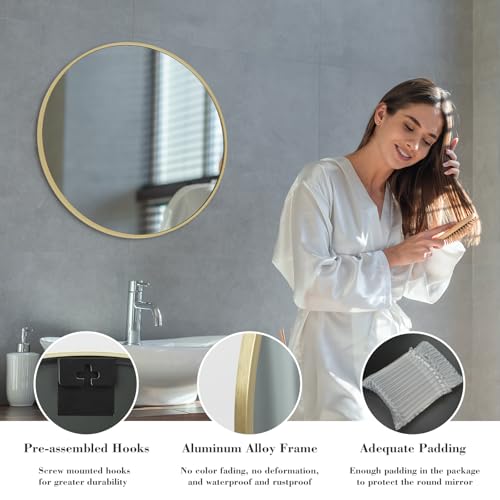 Image of Sweetcrispy 28in Gold Round Bathroom Mirrors for Wall, Bathroom Mirrors for Over Sink, Wall Decor for Bathroom, Entryway, Bedroom, Vanity