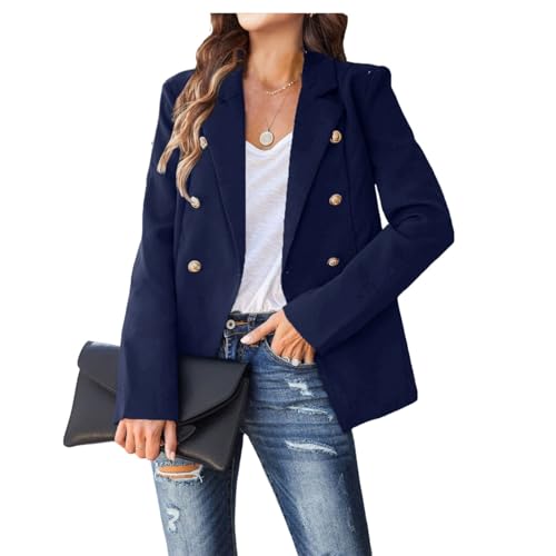 Womens Double Breasted Blazer Jackets Button Long Sleeve Work 0Ffice Blazer Lapel Open Front Jacket Business Outfit Navy
