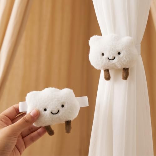 Image of HASTHIP 2pcs Cartoon Cloud Curtain Tiebacks Adjustable Snap Fit | Cute 3d plush design, flexible binding decor for kids bedroom nursery window curtains