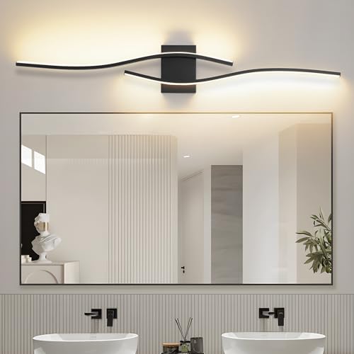 Image of Modern LED Vanity Light with Remote Control, Modern LED Bathroom Light Fixture, Bathroom Vanity Light Fixture Over Mirror, 39.4 inch Black Wall Sconce Lighting