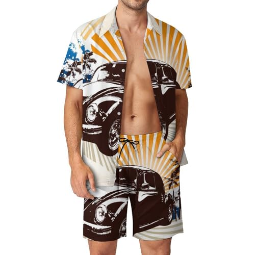 Chemise Hawaïenne Homme avec Short et Pantalon de Plage Imprimé Voiture au Lever du Soleil Taille S