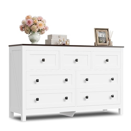 GALAXHERO Farmhouse TV Stand, 51.18" Wide 7 Drawer Media Console for 65" TV, Wooden Storage Cabinet for Living Room, Hallway, White