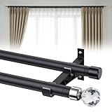 Double Curtain Rod for Window,86 Inch Heavy Duty Adjustable Curtain Rod with Decorative Crystal Finials,Wall Mounted for Bedroom Living Room,1 Inch Black Curtain Pole