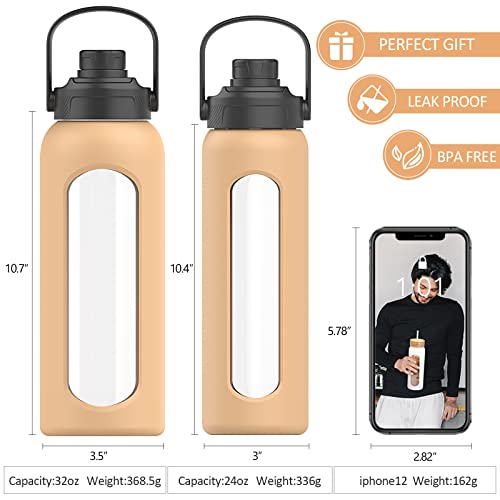 Kodrine Glass Water Bottles With Straw, 32 Oz Water Bottle With 2 Lids - Handle Spout Lid & Bamboo Straw Lid, Silicone Sleeve, Wide Mouth, Leakproof, Bpa Free(Amber) #TOP3
