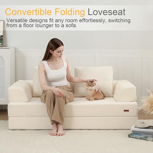 Image of COMAX Futon Sofa Bed, Convertible Sofa Bed, Folding Boneless Couches | Boneless Couch for living room, 4‑in‑1 Fold Out Small Foldable Loveseat Floor Sleeper Mattress Lounge Space‑Saving, Beige