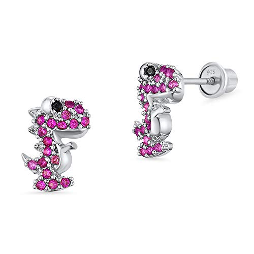 925 Sterling Silver Rhodium Plated Red Dinosaur Cubic Zirconia Screwback Baby Girls Earrings - Main Image