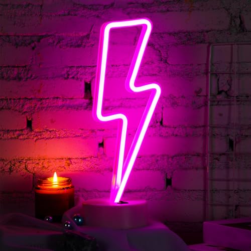 Image of Sieral 3 Pcs Lightning Bolt Neon Signs Lightning Neon Lights with Base LED Sign USB or Battery Operated for Teen Girls Gift Christmas Birthday Wedding Party Decor(Warm White, Blue, Pink)