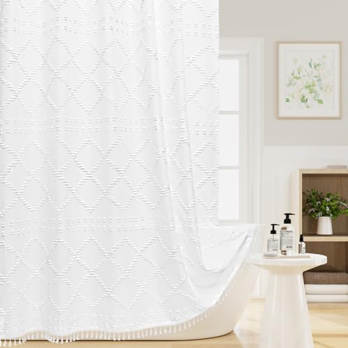 Craidlela Boho White Woven Fabric Shower Curtain with Tassel 72