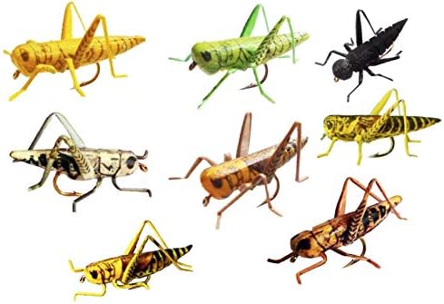 Grasshopper Flies - Lifelike Hopper Fishing Flies - Set of 8 - in Tan, Yellow, Green, Gray, Brown, Yellow/Brown, Yellow/Black, Black Cricket (Assorted, Size 8)
