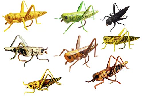 Grasshopper Flies - Lifelike Hopper Fishing Flies - Set of 8 - Tan Yellow Green Gray Brown Yellow/Black Black Cricket (Assorted Size 6)