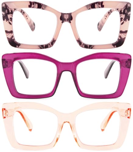 REAVEE 3 Pack Oversized Square Reading Glasses for Women, Blue Light Blocking Large Frame Computer Designer Fashion Readers with Spring Hinge (Pink Leopard/Purple/Tea,1.0)