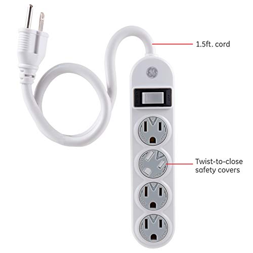 Ge 4-Outlet Power Strip, 1.5 Ft Extension Cord, Grounded Outlets, Twist-To-Lock Safety Covers, Integrated Circuit Breaker, Ul Listed, White, 14837 #TOP1