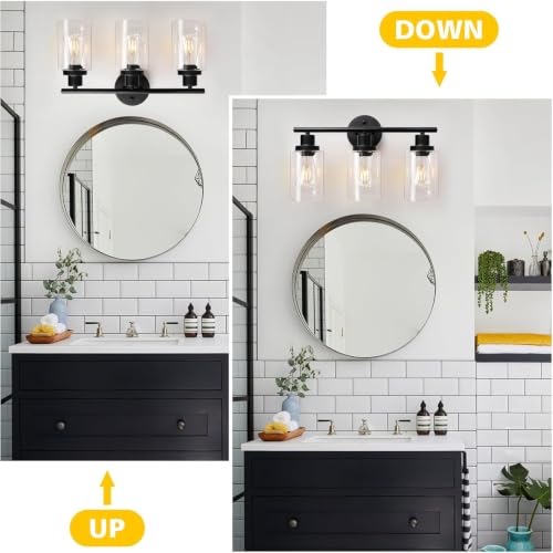 Image of Unicozin 2 Pack Modern Bathroom Light Fixtures, 3 Light Vanity Lights, Black Wall Lamp with Clear Glass for Bathroom, Mirror, Living Room, Bedroom, Hallway, E26 Base