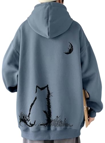 [Bligo] 秋服 大きいサイズ メンズ パーカー 人気 オシャレ 無地 シンプル 猫 かわいい 長袖 バックプリント 快適 アメカジ ポケット カットソー 韓国風 ロンt ドロップショルダー 厚手 トレーナー 冬 春 Blue-3XL