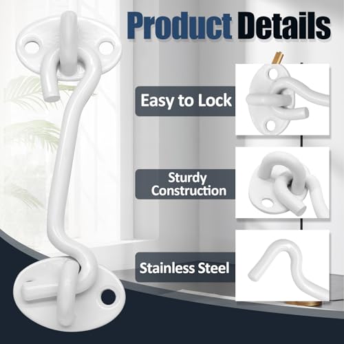 Biaungdo Heavy Duty Hook and Eye Latch, 4 Inch White Privacy Hook Barn Door Lock Easy Lock, Stainless Steel Gate Latch for Doors/Windows/Sheds/Gates/Fences/Closets/Cabinets, 1 Pack