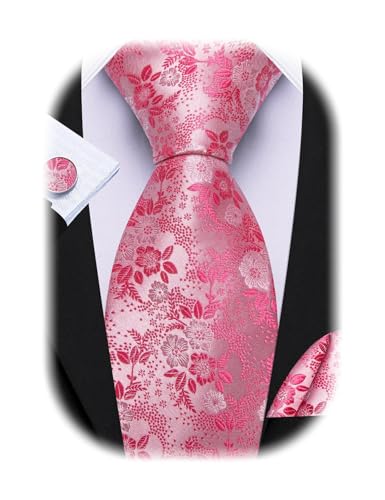 Barry.Wang Hot Pink Flower Ties for Men Silk Woven Floral Tie Sets Necktie Handkerchief Cufflinks Wedding Party