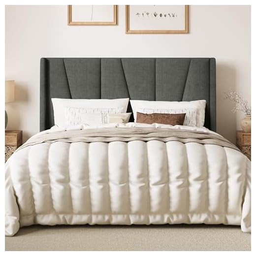 SHA CERLIN Queen Bed Frame, Upholstered Platform Bed with Geometric Headboard and Wingback, Wood Slat Support, No Box Spring Needed, Grey