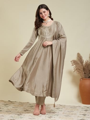 Image of MOKOSH Women's Silk Embroidery Anakrali Kurta Pant with Dupatta | Anarkali Kurta Set | Round Neck Full Sleeve Ethnic Suit | Floral Kurta 7 Colour Option Available | 3 Piece Outfit