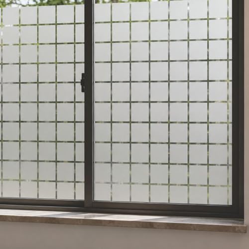 Image of CVANU Grid Pattern Frosted Privacy Window Film, Self Adhesive Waterproof Decorative Glass Covering for Doors & Windows, 2Inch Square Design Vinyl Film for Home & Office (12 x 100 Inch)