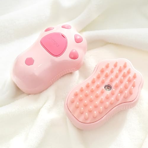 Image of Cat steam brush，Pet steam brush，Cat steam brushes for indoor cats，3 In 1 Cat Steamy Brush,Cat brush with steam，Dog brush，Cat hair steam brush (Beige Avocado) (Beige Avocado) (Pink Cat Paw)