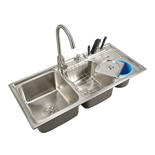 Conjunto de Fregadero de la Cocina de Acero Inoxidable Debajo del desag�e Drenador de Dibujo de Tres tazones Lavabo de Soldadura sin Costura Cepillado Fregaderos de un seno 11.19