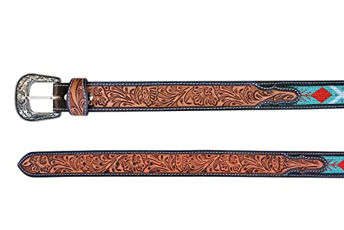 Western Genuine Leather Heavy Duty Beaded Tooled Belt For Men and Women 30AB0052