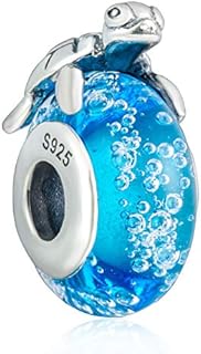CHAWIN 925 Sterling Silver Hawaiian Sea Turtle Charm Dangle Chritmas Holiday Pendants with Blue Murano Glass Travelers Gifts for Women or Girls DIY European Style Bracelet&Necklace