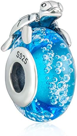 925 Sterling Silver Hawaiian Sea Turtle Charm Dangle Chritmas Holiday Pendants with Blue Murano Glass Travelers Gifts for Women or Girls DIY European Style Bracelet&Necklace