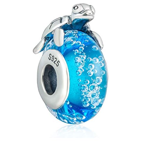 CHAWIN 925 Sterling Silver Hawaiian Sea Turtle Charm Dangle Chritmas Holiday Pendants with Blue Murano Glass Travelers Gifts for Women or Girls DIY European Style Bracelet&Necklace Cover