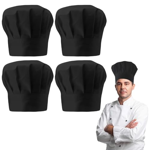 WEFHEF 4PCS Gorros de Chef, Gorros Cocinero con Banda Elástica, Sombrero de Cocinero Ajustable y Reutilizable, Gorro de Cocina Unisex para Hombre Mujer (FR/ES, Letras, Talla única, Estándar, Negro)