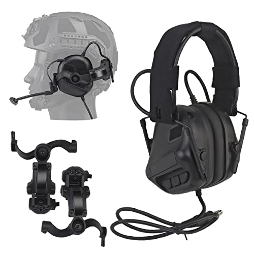 WLXW Auriculares Tácticos para Airsoft (Montados En La Cabeza Y Montados En El Casco), Auriculares con Ancelación Ruido Militar con Adaptador Riel Casco Táctico Rotación Multiángulo,Headset BK