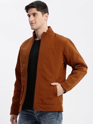 Image of SHOWOFFFF Men Solid Bomber Jacket | Mock Collar Full Sleeves Nylon Jacket for Mens | Slim Fit Regular Length Jacket for Men's