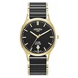 Hinter dem stabilem Saphirglas verbirgt sich das Zifferblatt der Quarzuhr in schwarz