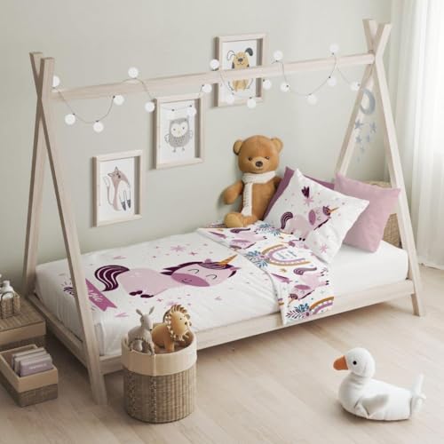 texpot Kinderbettwäsche Set 100 x 135 + 40 x 60 cm mit niedlichen Druckmotiven 100% Baumwolle Reißverschluss pflegeleicht (Einhorn)