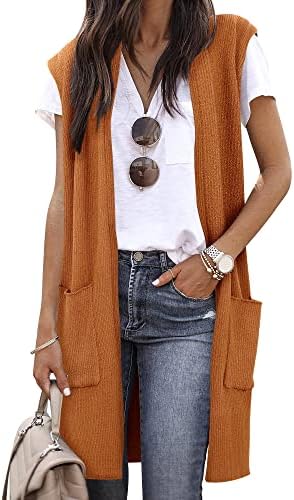 ZXZY Women Casual Sleeveless Open Front Tunic Vest Long Cardigan Tops Coat (X-Pocket Brown, Large)