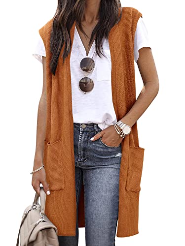 ZXZY Women Casual Sleeveless Open Front Tunic Vest Long Cardigan Tops Coat (X-Pocket Brown, Large)