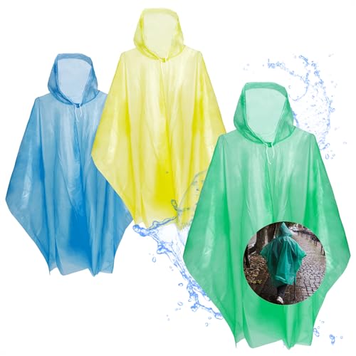 Robin Goods® 3x Regenponcho mit Kapuze und Zugband - Extra starker Poncho - Notfallponcho für Konzert, Stadion, Wandern, Camping, Festival - Regencape