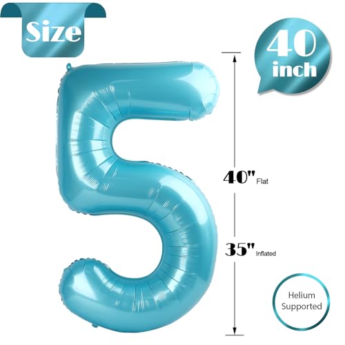 Image of Pearlescent Blue 5 Balloon, Number Balloons 40 Inch, 5th Birthday Balloon Decorations, Pearlescent Blue Party Supplies, 5 Number Balloons, Number 5 Balloon