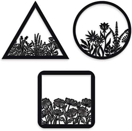 3 Pieces Geometry Wall Art Wood Wall Pediments Sacred Boho Flower Wall Art Wooden Floral Wall Decor Minimalist Floral Hanging Flower Artwork for Home Dining Room Christmas Favor, 10 Inch (Dark Black)