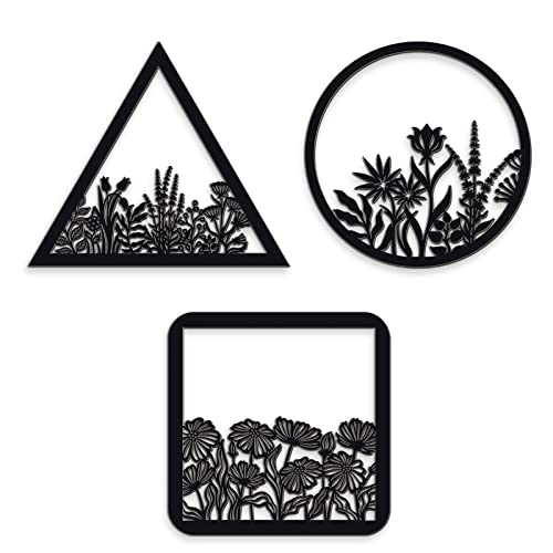3 Pieces Geometry Wall Art Wood Wall Pediments Sacred Boho Flower Wall Art Wooden Floral Wall Decor Minimalist Floral Hanging Flower Artwork for Home Dining Room Christmas Favor (Black)