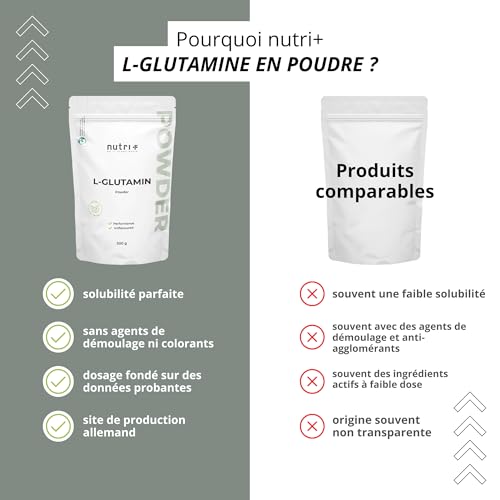 Nutri + L-Glutamine Poudre végétalienne - Neutre & hautement dosé Ultrapure sans additifs - Glutamine 500 g naturelle - fermentée fabriquée en Allemagne - sans Gluten & Lactose – vue 4