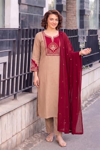 Image of ANNI Designer Kurta Set for Women Viscose Blend Embroidered | Kurta Pant Dupatta Set for Woman | Straight 3 Piece Outfit V Neck 3 /4 Sleeve Stylish Ethnic Dress Trendy Womens Clothing