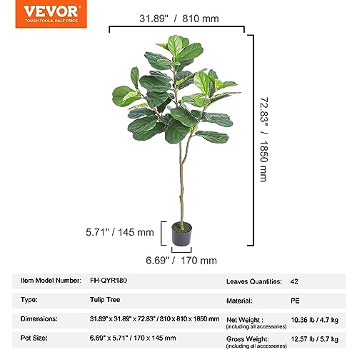 Image of VEVOR Artificial Fiddle Leaf Fig Tree 6 FT, Secure PE Material & Anti-Tip Tilt Protection Low-Maintenance Faux Plant, Lifelike Green Fake Potted Tree for Home Office Warehouse Decor Indoor Outdoor